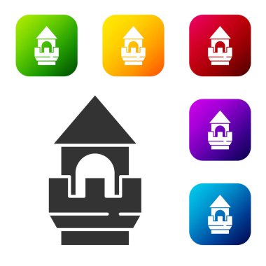 Beyaz arka planda Kara Kale ikonu izole edildi. Kale işareti. Renkli kare düğmelerle simgeleri ayarla. Vektör.