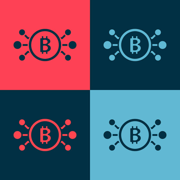 Pop art Cryptocurrency bitcoin in circle with microchip circuit icon isolated on color background. Blockchain technology, digital money market.  Vector.