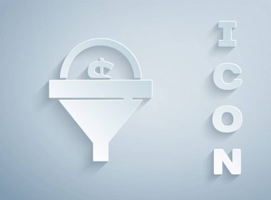 Kağıt kesiği kurşun yönetim simgesi gri arkaplanda izole edildi. Paralı huni. Hedef müşteri iş konsepti. Kağıt sanatı tarzı. Vektör.