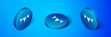 Mavi arka planda izole edilmiş bayrak ikonlu Isometric Karnaval çelengi. Doğum günü kutlaması için parti flamaları, festival dekorasyonu. Mavi daire düğmesi. Vektör.