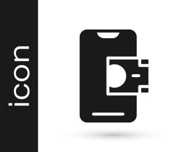 Siyah Mobil bankacılık simgesi beyaz arkaplanda izole edildi. Cep telefonu ekranına cep telefonu bankacılığı yoluyla para aktar. Vektör.