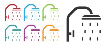 Beyaz zemin üzerinde su damlaları akan siyah duş başlığı izole edilmiş. Simgeleri renklendirin. Vektör.