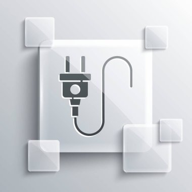 Gri elektrik prizi simgesi gri arkaplanda izole edildi. Bağlantı kavramı ve elektriğin kesilmesi. Kare cam paneller. Vektör.