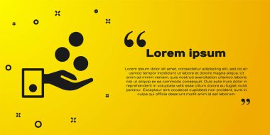 Restoran ve otel ikonundaki servis elemanlarına bahşiş veren siyah insanlar sarı arka planda izole edilmiş. Parayı nakit parayla oteldeki otel servisine veriyor. Vektör.