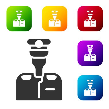 Siyah gemi ikonu kaptanı beyaz arka planda izole edildi. Seyahat turizmi deniz taşımacılığı. Yolcu gemisi, yolcu gemisi. Renkli kare düğmelerle simgeleri ayarla. Vektör.