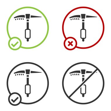 Siyah buz balta simgesi beyaz arkaplanda izole edildi. Tırmanma ekipmanları. Çember düğmesi. Vektör.