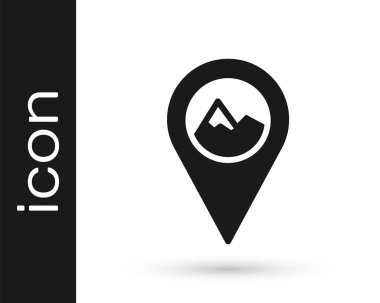 Beyaz arkaplanda dağ simgesi olan siyah harita işaretçisi. Dağlar seyahat ikonu. Vektör.