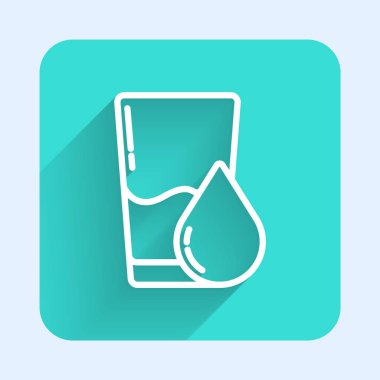 Su ikonlu beyaz çizgi camlar uzun gölgeli. Soda bardağı. Yeşil kare düğmesi. Vektör İllüstrasyonu.