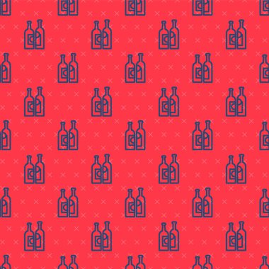 Mavi çizgi şarap ikonu şişeleri kırmızı arka planda izole edilmiş kusursuz desen. Vektör İllüstrasyonu.