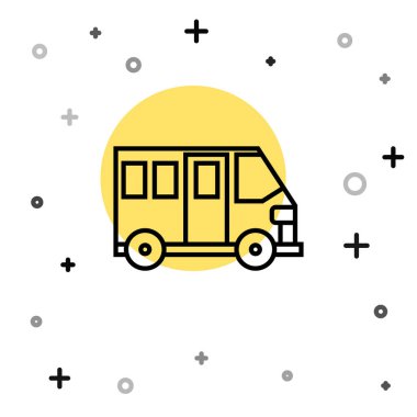 Siyah çizgi okul servisi simgesi beyaz arkaplanda izole edildi. Toplu taşıma sembolü. Rastgele dinamik şekiller. Vektör İllüstrasyonu.