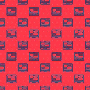 Dizüstü bilgisayar simgesindeki mavi hat Yeni sohbet mesajları kırmızı arkaplanda izole edilmiş pürüzsüz desen. Smartphone sohbet mesajları konuşma baloncukları. Vektör.