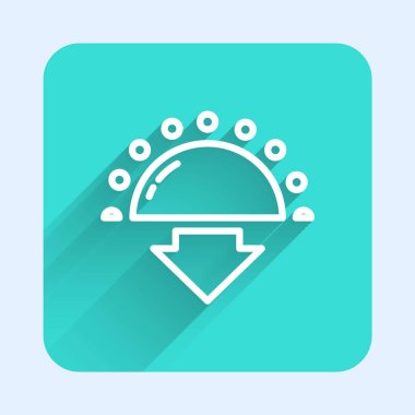 Beyaz çizgi Sunset simgesi uzun gölgeli izole edilmiş. Yeşil kare düğmesi. Vektör.