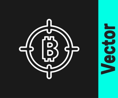 Hedef simgedeki beyaz çizgi Bitcoin siyah arkaplanda izole edildi. Yatırım hedef simgesi. Vektör.