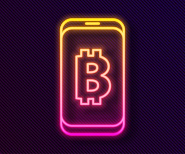 Siyah arka planda izole edilmiş gezici ikondan parlayan neon hattı madencilik bitcoin. Kripto para birimi madenciliği, engelleme zinciri teknoloji servisi. Vektör.