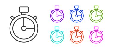 Siyah çizgi Stopwatch simgesi beyaz arkaplanda izole edildi. Zaman göstergesi. Kronometre işareti. Simgeleri renklendirin. Vektör.
