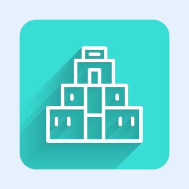 Maya ikonundaki beyaz çizgi Chichen Itza uzun gölgeli izole edilmiş. Antik Maya piramidi. Meksika 'nın ünlü anıtı. Yeşil kare düğmesi. Vektör.