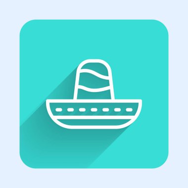 Beyaz çizgi Geleneksel Meksika sombrero şapka ikonu uzun gölgeli. Yeşil kare düğmesi. Vektör.