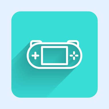 Beyaz çizgi taşınabilir video oyun konsolu simgesi uzun gölgeli izole edildi. Av alanı tabelası. Oyun konsepti. Yeşil kare düğmesi. Vektör.