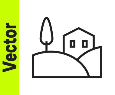 Siyah çizgi Köy manzara simgesi beyaz arkaplanda izole edilmiş. Vektör.