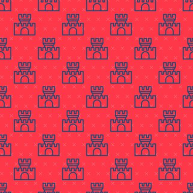 Mavi çizgi Castle simgesi kırmızı arkaplanda izole edilmiş kusursuz desen. Kulesi olan bir ortaçağ kalesi. Düşmanlardan koruma. Şehrin güvenilirliği ve savunması. Vektör.