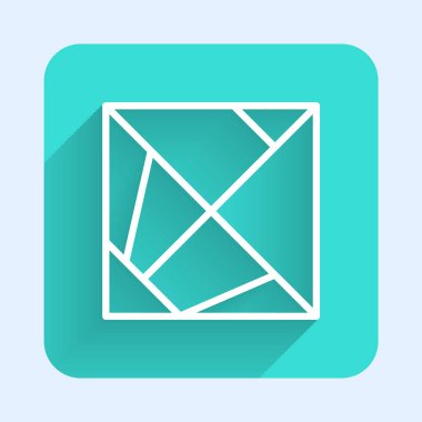 Beyaz çizgi rubik küp simgesi uzun gölgeli izole edilmiş. Mekanik yapboz oyuncağı. Rubik 'in 3 boyutlu küp kombinasyon bulmacası. Yeşil kare düğmesi. Vektör.