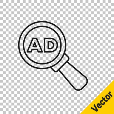 Siyah çizgi reklam simgesi şeffaf arkaplanda izole edildi. Pazarlama ve tanıtım süreci kavramı. İlgili reklamlar. Sosyal medya reklamcılığı. Vektör.