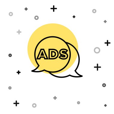 Beyaz arkaplanda siyah çizgi reklam simgesi izole edildi. Pazarlama ve tanıtım süreci kavramı. İlgili reklamlar. Sosyal medya reklamcılığı. Rastgele dinamik şekiller. Vektör.