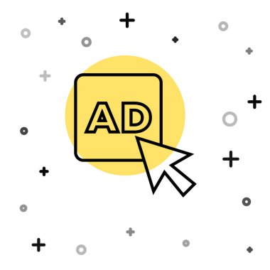 Beyaz arkaplanda siyah çizgi reklam simgesi izole edildi. Pazarlama ve tanıtım süreci kavramı. İlgili reklamlar. Sosyal medya reklamcılığı. Rastgele dinamik şekiller. Vektör.