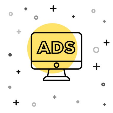 Beyaz arkaplanda siyah çizgi reklam simgesi izole edildi. Pazarlama ve tanıtım süreci kavramı. İlgili reklamlar. Sosyal medya reklamcılığı. Rastgele dinamik şekiller. Vektör.