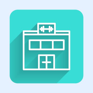 Beyaz çizgi jimnastik salonu ikonu uzun gölgeli izole edilmiş. Spor kulübü. Yeşil kare düğmesi. Vektör.