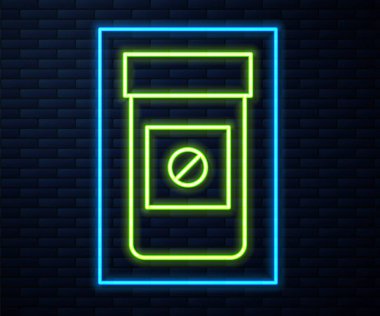 Parlak neon hattı spor doping, anabolik uyuşturucu ikonu tuğla duvar arkasında izole edilmiş. Anabolik steroid tableti. Haplar kavanozda. Vektör.