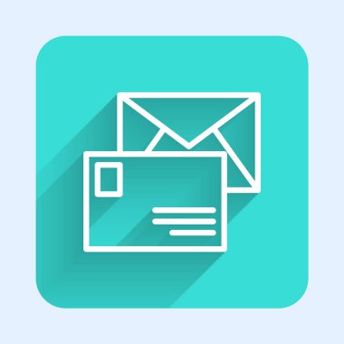 Beyaz çizgi Zarf simgesi uzun gölgeli izole edilmiş. E- posta mektup sembolü. Yeşil kare düğmesi. Vektör.