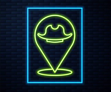 Parlayan neon hattı konum korsan simgesi tuğla duvar arka planında izole edildi. Vektör.