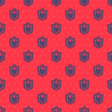 Korsan kafatası ikonlu mavi çizgi kalkanı kırmızı arka planda izole edilmiş. Vektör.