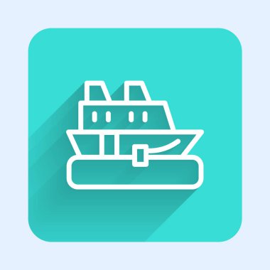 Beyaz çizgili gemi ikonu uzun gölgeli izole edildi. Seyahat turizmi deniz taşımacılığı. Yolcu gemisi, yolcu gemisi. Dünya çapında bir gezi. Yeşil kare düğmesi. Vektör.