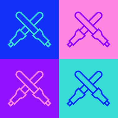 Uçak ikonu için Pop Art Line Marshalling değnekleri renk arkaplanında izole edilmiş. Marshaller uçuştan önce ve sonra pilotla iletişim kurdu. Vektör.
