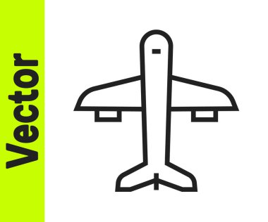 Siyah çizgi düzlem simgesi beyaz arkaplanda izole edildi. Uçan uçak ikonu. Uçak tabelası. Vektör.
