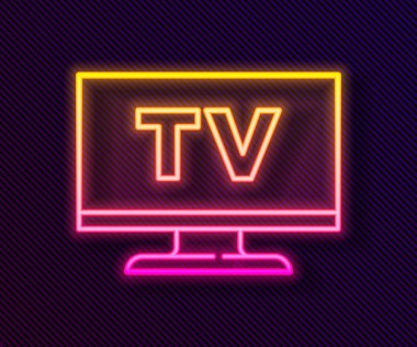 Parlayan neon hattı Akıllı TV simgesi siyah arkaplanda izole edildi. Televizyon tabelası. Vektör.