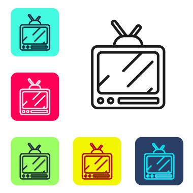 Siyah çizgi Retro TV simgesi beyaz arkaplanda izole edildi. Televizyon tabelası. Renkli kare düğmelerle simgeleri ayarla. Vektör.