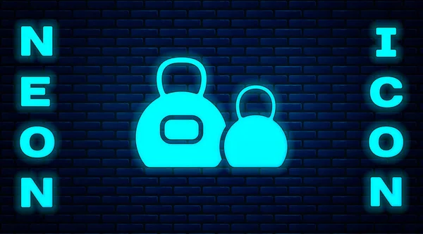 Glowing Neon Kettlebell Icon Isolated Brick Wall Background Sport Equipment — Stock Vector