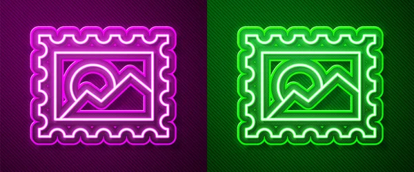 Glowing Neon Line Postal Stamp Icon Isolated Purple Green Background — Stock Vector