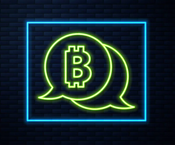 Linea Neon Luminoso Cryptocurrency Moneta Icona Bitcoin Isolato Sfondo Muro — Vettoriale Stock