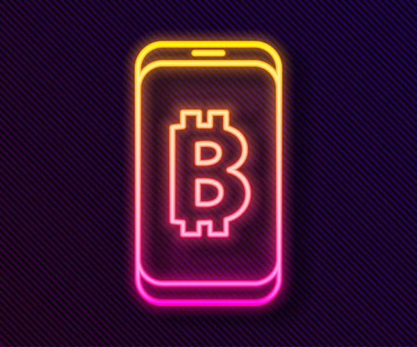 Leuchtende Leuchtschrift Mining Bitcoin Von Mobilen Symbol Isoliert Auf Schwarzem — Stockvektor
