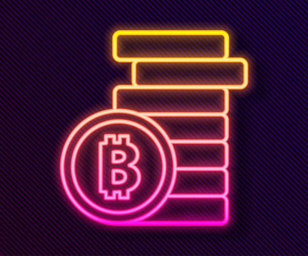 Leuchtende Leuchtschrift Kryptowährungsmünze Bitcoin Symbol Isoliert Auf Schwarzem Hintergrund Physische — Stockvektor