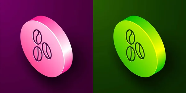 等距线咖啡豆图标分离在紫色和绿色背景 圆形按钮 — 图库矢量图片