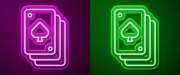 Glowing Neon Line Playing Cards Icon Isolated Purple Green Background — Stock Vector