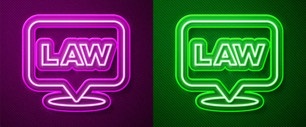 Светящиеся Неоновые Линии Закон Местонахождении Значок Изолирован Фиолетовом Зеленом Фоне — стоковый вектор
