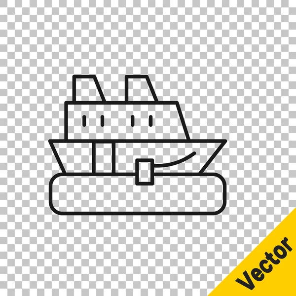 ブラックライン透明な背景に隔離されたクルーズ船のアイコン 旅行観光航海輸送 旅客船 クルーズライナー 全世界巡航 ベクトル — ストックベクタ