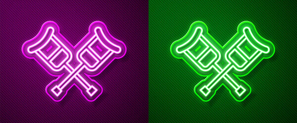 Glowing neon line Crutch or crutches icon isolated on purple and green background. Equipment for rehabilitation of people with diseases of musculoskeletal system.  Vector.