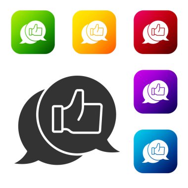 Siyah Tüketici veya müşteri ürün değerlendirme simgesi beyaz arkaplanda izole edildi. Renkli kare düğmelerle simgeleri ayarla. Vektör.